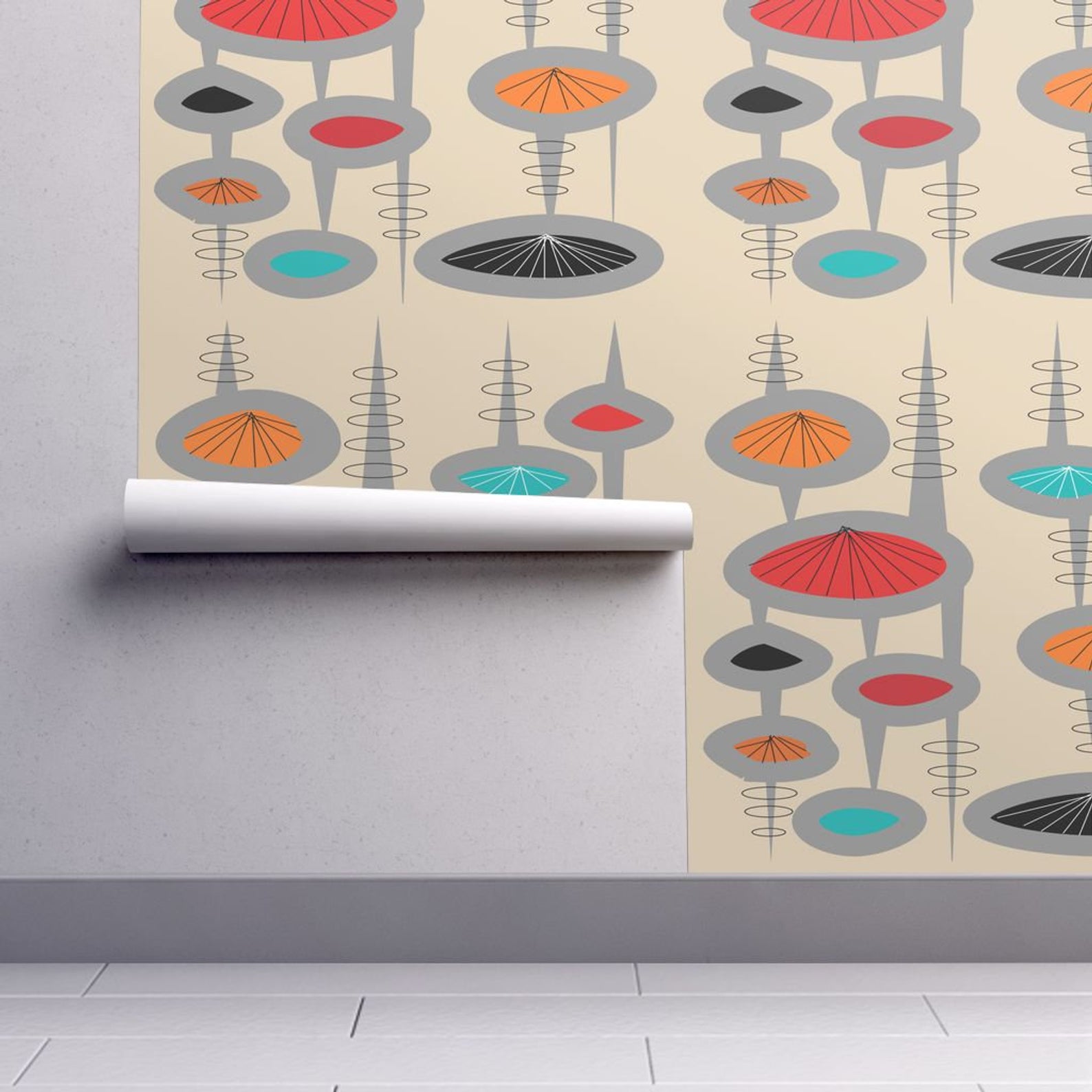 Removable Water-Activated Wallpaper Mid Century Modern Midcentury Atomic Era 