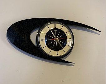 Mid Century Style Wall Clock Hand Made Retro Atomic Boomerang Design in Black