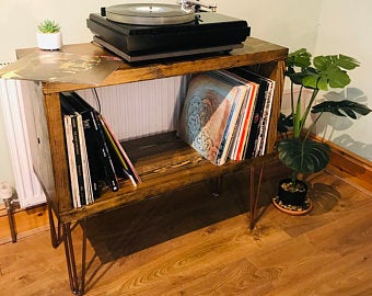 Handmade Stained Pine Stand Sideboard for Record Collection and Turntable by WMH Handcraft Designs